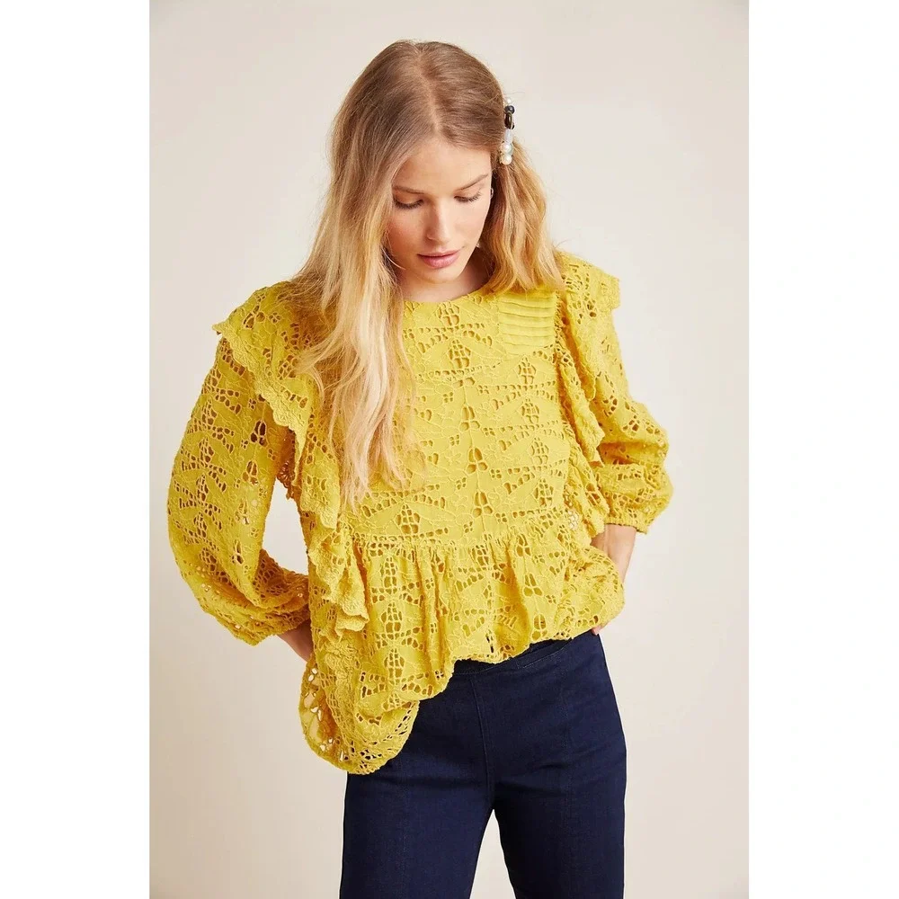 Anthropologie Maeve Clementine Lace Blouse Size 0 Yellow Ruffles
